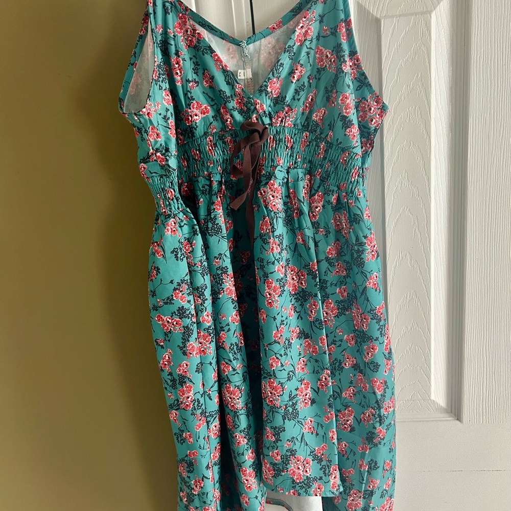 Floral Teal Dress with Pink Accents